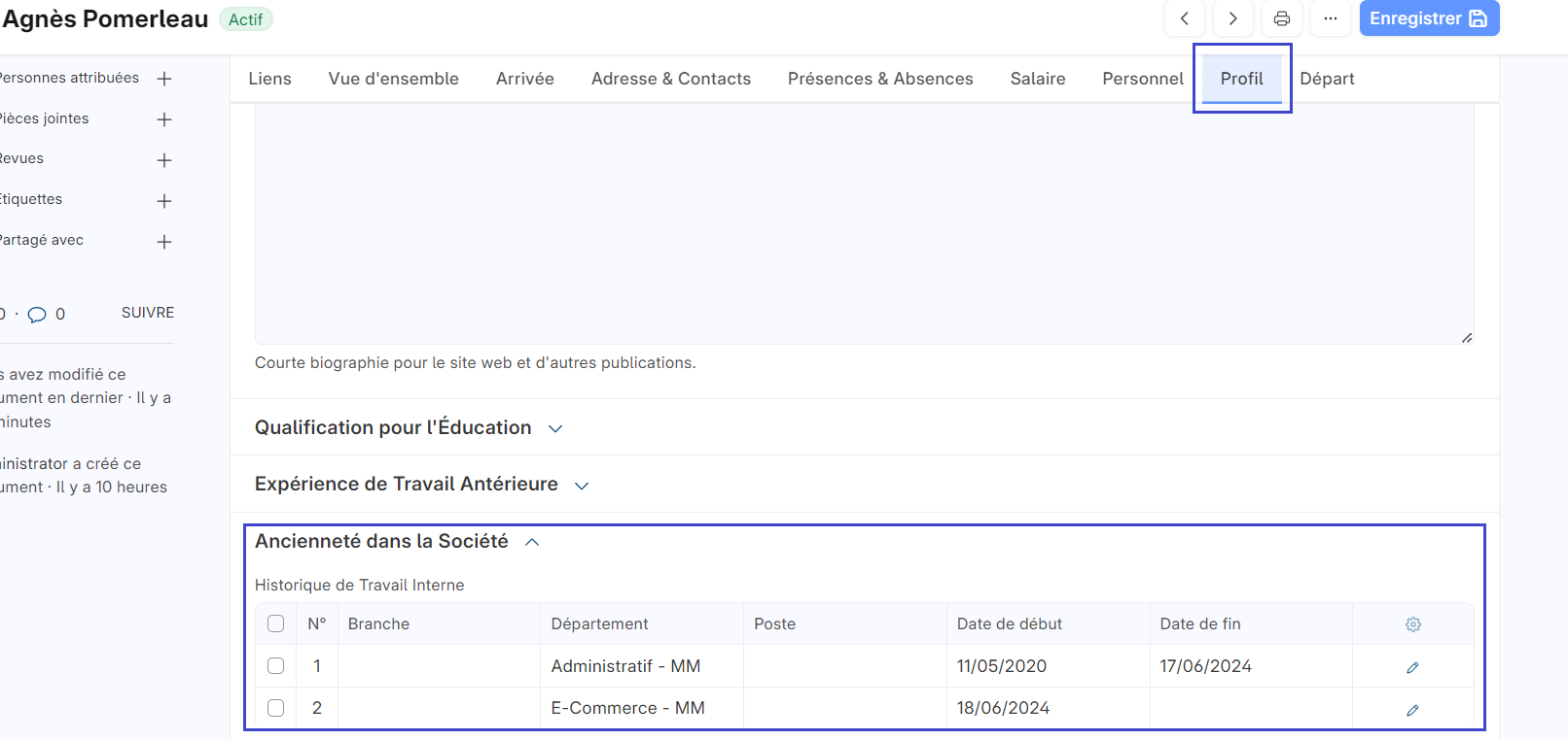Image permettant de visualiser le profil de l'employé avec les différents postes occupés.